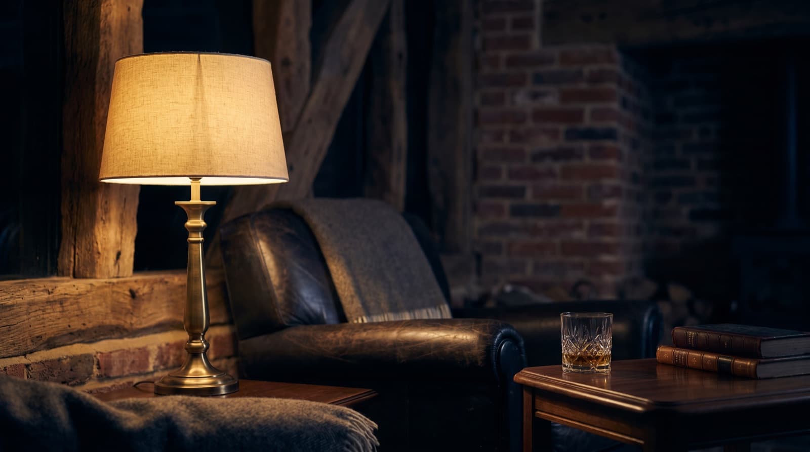 Warm lamplight over a leather armchair beneath original oak beams